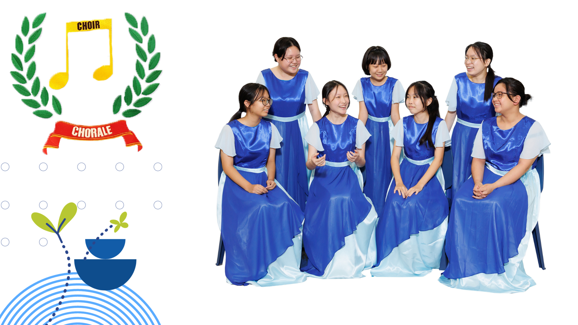 Seven young girls in matching blue and white choir gowns pose together, with a Choir Chorale emblem on the left.